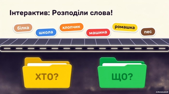 білкашколахлопчикмашинаромашкапесІнтерактив: Розподіли слова!ХТО?ЩО?Notebook. LM