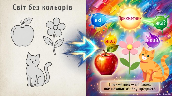 яке?Прикметник. Світ без кольорівякі?яка?який?Прикметник — це слово,яке називає ознаку предмета. Notebook. LM
