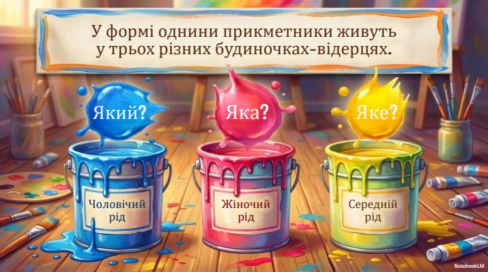 У формі однини прикметники живутьу трьох різних будиночках-відерцях. Який?Чоловічийрід. Яка?Жіночийрід. Яке?Середнійрід. Notebook. LM