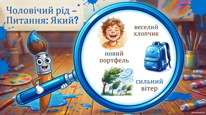 веселий хлопчикновий портфельсильний вітер. Чоловічий рід – Питання: Який?@Notebook. L. M