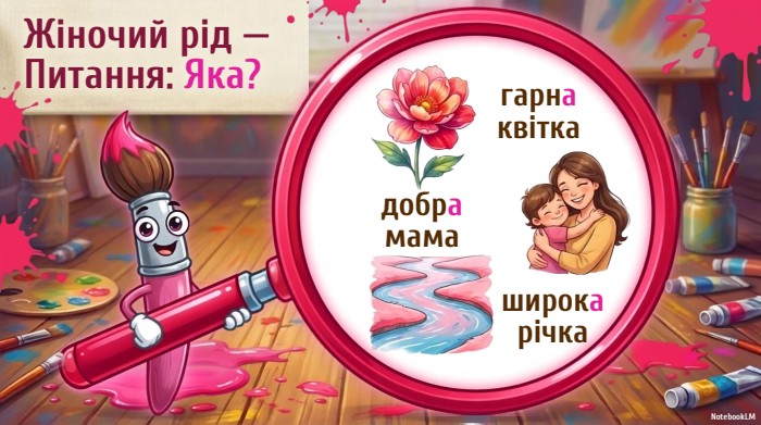 Жіночий рід — Питання: Яка?гарна квіткадобра мамаширока річка. Notebook. LM