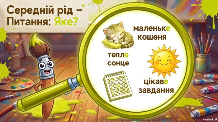 Середній рід — Питання: Яке?маленьке кошенятепле сонцецікаве завдання. Notebook. LM