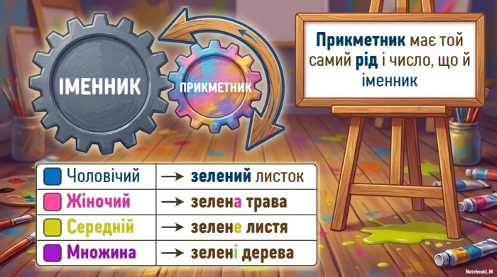 ІМЕННИКПРИКМЕТНИКПрикметник має той самий рід і число, що й іменник. Чоловічийзелений листок. Жіночийзелена трава. Середнійзелене листя. Множиназелені дерева. Notebook. L. M