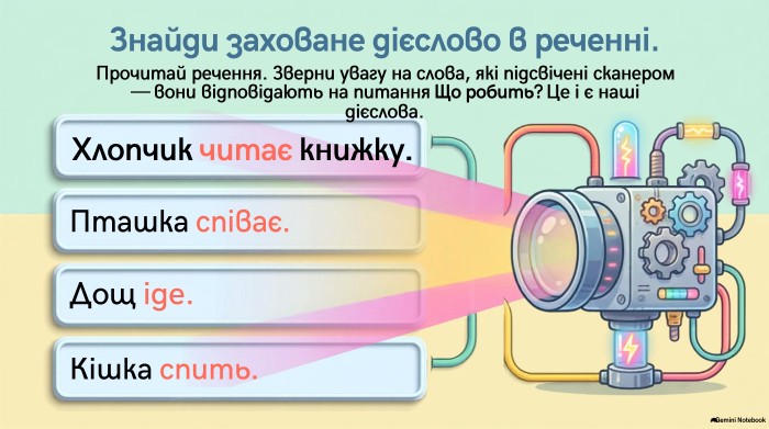 Знайди заховане дієслово в реченні. Прочитай речення. Зверни увагу на слова, які підсвічені сканером — вони відповідають на питання Що робить? Це і є наші дієслова. Хлопчик читає книжку. Пташка співає. Дощ іде. Кішка спить. Gemini Notebook