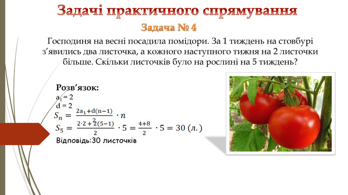 Задачі практичного спрямування. Господиня на весні посадила помідори. За 1 тиждень на стовбурі з’явились два листочка, а кожного наступного тижня на 2 листочки більше. Скільки листочків було на рослині на 5 тиждень? Розв’язок: a1 = 2d = 2 Відповідь:30 листочків. Задача № 4 