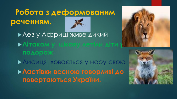  Робота з деформованим реченням. Лев у Африці живе дикий. Літаком у цікаву летіли діти у подорож. Лисиця ховається у нору свою. Ластівки весною говорливі до повертаються України.