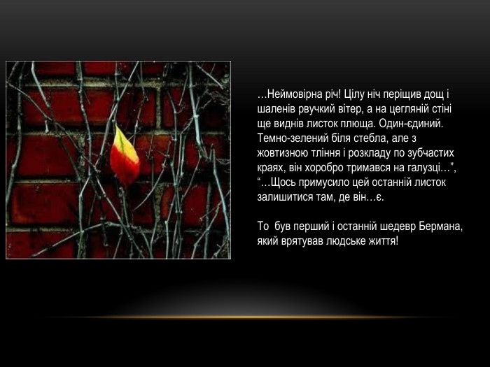 …Неймовірна річ! Цілу ніч періщив дощ і шаленів рвучкий вітер, а на цегляній стіні ще виднів листок плюща. Один-єдиний. Темно-зелений біля стебла, але з жовтизною тління і розкладу по зубчастих краях, він хоробро тримався на галузці…”, “…Щось примусило цей останній листок залишитися там, де він…є. То був перший і останній шедевр Бермана, який врятував людське життя!