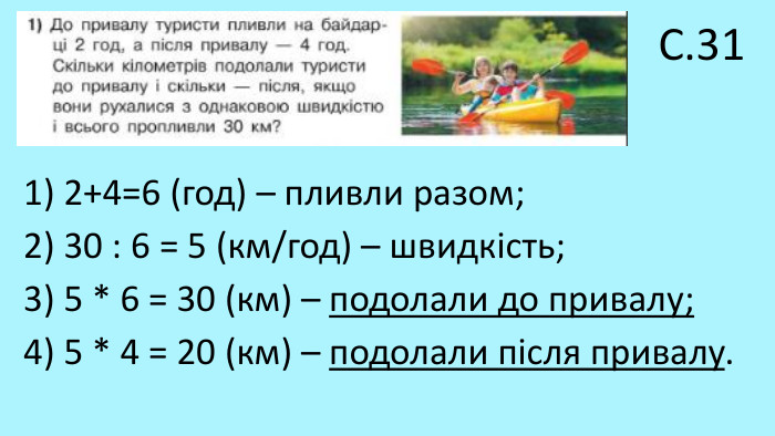 С.311) 2+4=6 (год) – пливли разом;2) 30 : 6 = 5 (км/год) – швидкість;3) 5 * 6 = 30 (км) – подолали до привалу;4) 5 * 4 = 20 (км) – подолали після привалу.