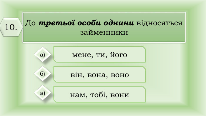 До третьої особи однини відносяться займенникимене, ти, йоговін, вона, вононам, тобі, вони а)б)в)10.