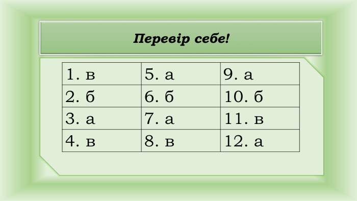 Перевір себе!{5940675 A-B579-460 E-94 D1-54222 C63 F5 DA}1. в5. а9. а2. б6. б10. б3. а7. а11. в4. в8. в12. а