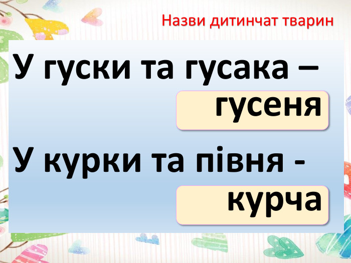Назви дитинчат тварин. У гуски та гусака –У курки та півня -гусенякурча