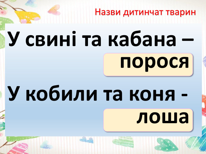 Назви дитинчат тварин. У свині та кабана –У кобили та коня -поросялоша