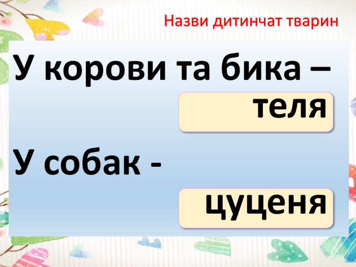 Назви дитинчат тварин. У корови та бика –У собак -теляцуценя