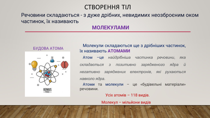 Створення тіл. Речовини складаються - з дуже дрібних, невидимих неозброєним оком частинок, їх називають МОЛЕКУЛАМИБУДОВА АТОМАМолекули складаються ще з дрібніших частинок, їх називають АТОМАМИАтом –це найдрібніша частинка речовини, яка складається з позитивно зарядженого ядра й негативно заряджених електронів, які рухаються навколо ядра. Атоми та молекули – це «будівельні матеріали» речовини. Усіх атомів – 118 видів. Молекул – мільйони видів