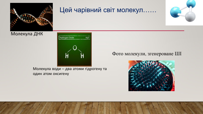 Цей чарівний світ молекул……Молекула ДНКМолекула води – два атоми гідрогену та один атом оксигену. Фото молекули, згенероване ШІ