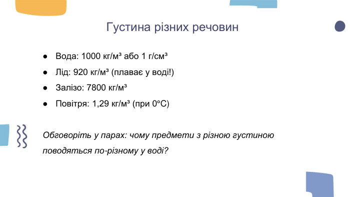 Густина різних речовин. Вода: 1000 кг/м³ або 1 г/см³Лід: 920 кг/м³ (плаває у воді!)Залізо: 7800 кг/м³Повітря: 1,29 кг/м³ (при 0°C)Обговоріть у парах: чому предмети з різною густиною поводяться по-різному у воді?
