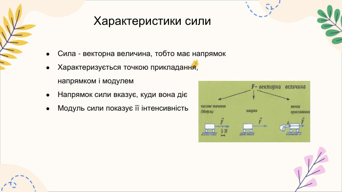 Характеристики сили. Сила - векторна величина, тобто має напрямок. Характеризується точкою прикладання, напрямком і модулем. Напрямок сили вказує, куди вона дієМодуль сили показує її інтенсивність