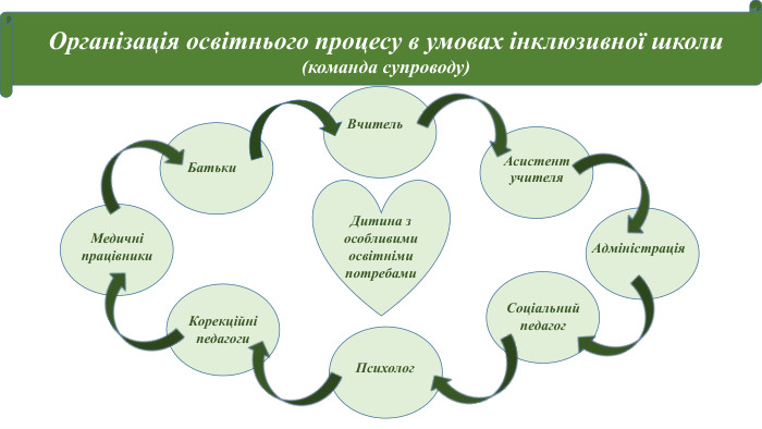 Організація освітнього процесу в умовах інклюзивної школи(команда супроводу)Дитина з особливими освітніми потребами. Вчитель Асистент учителя. Адміністрація Соціальний педагог. Психолог Корекційні педагоги. Медичні працівники. Батьки 