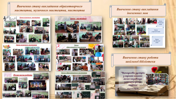 Вивчення стану викладання образотворчого мистецтва, музичного мистецтва, мистецтва. Вивчення стану викладання іноземних мов. Вивчення стану роботи шкільної бібліотеки