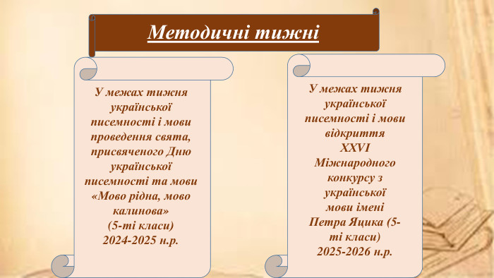 Методичні тижніУ межах тижня української писемності і мовивідкриття. ХХVІМіжнародногоконкурсу зукраїнськоїмови іменіПетра Яцика (5-ті класи)2025-2026 н.р. У межах тижня української писемності і мови проведення свята, присвяченого Дню української писемності та мови «Мово рідна, мово калинова» (5-ті класи)2024-2025 н.р. 