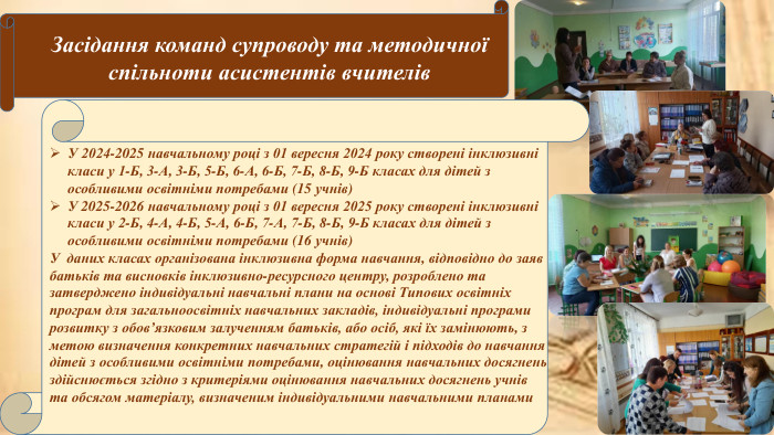 Засідання команд супроводу та методичної спільноти асистентів вчителів. У 2024-2025 навчальному році з 01 вересня 2024 року створені інклюзивні класи у 1-Б, 3-А, 3-Б, 5-Б, 6-А, 6-Б, 7-Б, 8-Б, 9-Б класах для дітей з особливими освітніми потребами (15 учнів)У 2025-2026 навчальному році з 01 вересня 2025 року створені інклюзивні класи у 2-Б, 4-А, 4-Б, 5-А, 6-Б, 7-А, 7-Б, 8-Б, 9-Б класах для дітей з особливими освітніми потребами (16 учнів)У даних класах організована інклюзивна форма навчання, відповідно до заяв батьків та висновків інклюзивно-ресурсного центру, розроблено та затверджено індивідуальні навчальні плани на основі Типових освітніх програм для загальноосвітніх навчальних закладів, індивідуальні програми розвитку з обов’язковим залученням батьків, або осіб, які їх замінюють, з метою визначення конкретних навчальних стратегій і підходів до навчання дітей з особливими освітніми потребами, оцінювання навчальних досягнень здійснюється згідно з критеріями оцінювання навчальних досягнень учнів та обсягом матеріалу, визначеним індивідуальними навчальними планами