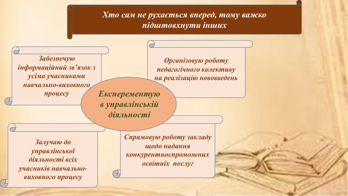 Хто сам не рухається вперед, тому важко підштовхнути інших. Забезпечую інформаційний зв’язок з усіма учасниками навчально-виховного процесу Організовую роботу педагогічного колективу на реалізацію нововведень. Залучаю до управлінської діяльності всіх учасників навчально-виховного процесу. Спрямовую роботу закладу щодо надання конкурентноспроможних освітніх послуг. Експерементую в управлінській діяльності 