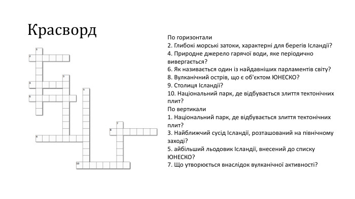 Красворд По горизонтали2. Глибокі морські затоки, характерні для берегів Ісландії?4. Природне джерело гарячої води, яке періодично вивергається?6. Як називається один із найдавніших парламентів світу?8. Вулканічний острів, що є об'єктом ЮНЕСКО?9. Столиця Ісландії?10. Національний парк, де відбувається злиття тектонічних плит?По вертикали1. Національний парк, де відбувається злиття тектонічних плит?3. Найближчий сусід Ісландії, розташований на північному заході?5. айбільший льодовик Ісландії, внесений до списку ЮНЕСКО?7. Що утворюється внаслідок вулканічної активності?