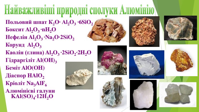 Польовий шпат К2 O∙ Al2 O3 ∙6 Si. O2 Боксит Al2 O3 ∙n. H2 OНефелін Al2 O3 ∙Na2 O∙2 Si. O2 Корунд Al2 O3 Каолін (глина) Al2 O3 ∙2 Si. O2∙2 H2 OГідраргіліт Al(OH)3 Беміт Al. O(OH)Діаспор HAl. O2 Кріоліт Na3 Al. F6 Алюмінієві галуни KAl(SO)4∙12 H2 OНайважливіші природні сполуки Алюмінію