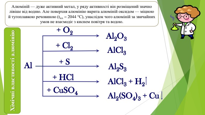  Al+ O2 Al2 O3+ Cl2 Al. Cl3+ SAl2 S3+ HCl. Al. Cl3 + H2+ Cu. SO4 Al2(SO4)3 + Cu. Алюміній — дуже активний метал, у ряду активності він розміщений значно лівіше від водню. Але поверхня алюмінію вкрита алюміній оксидом — міцною й тугоплавкою речовиною (tпл. = 2044 °С), унаслідок чого алюміній за звичайних умов не взаємодіє з киснем повітря та водою. Хімічні властивості алюмінію