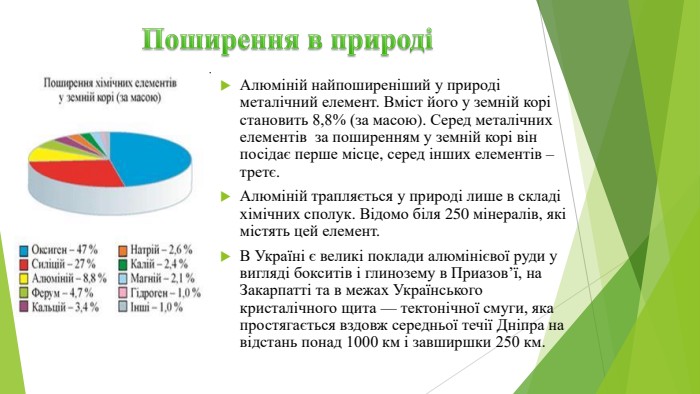 Поширення в природіАлюміній найпоширеніший у природі металічний елемент. Вміст його у земній корі становить 8,8% (за масою). Серед металічних елементів  за поширенням у земній корі він посідає перше місце, серед інших елементів – третє. Алюміній трапляється у природі лише в складі хімічних сполук. Відомо біля 250 мінералів, які містять цей елемент. В Україні є великі поклади алюмінієвої руди у вигляді бокситів і глинозему в Приазов’ї, на Закарпатті та в межах Українського кристалічного щита — тектонічної смуги, яка простягається вздовж середньої течії Дніпра на відстань понад 1000 км і завширшки 250 км.