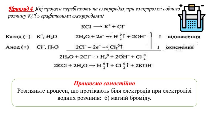  Приклад 4 Які процеси перебігають на електродах при електролізі водного розчину КCl з графітовими електродами?Працюємо самостійно Розгляньте процеси, що протікають біля електродів при електролізі водних розчинів: б) магній броміду.