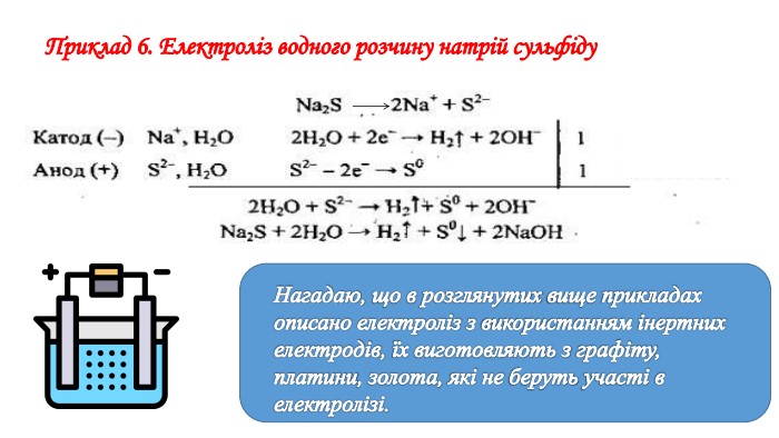 Приклад 6. Електроліз водного розчину натрій сульфіду. Нагадаю, що в розглянутих вище прикладах описано електроліз з використанням інертних електродів, їх виготовляють з графіту, платини, золота, які не беруть участі в електролізі.