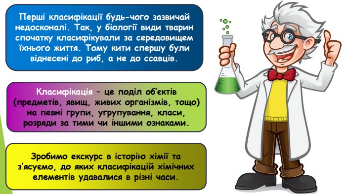10.06.2026 СьогодніПерші класифікації будь-чого зазвичай недосконалі. Так, у біології види тварин спочатку класифікували за середовищем їхнього життя. Тому кити спершу були віднесені до риб, а не до ссавців. Зробимо екскурс в історію хімії та з’ясуємо, до яких класифікацій хімічних елементів удавалися в різні часи. Класифікація – це поділ об’єктів (предметів, явищ, живих організмів, тощо) на певні групи, угрупування, класи, розряди за тими чи іншими ознаками.