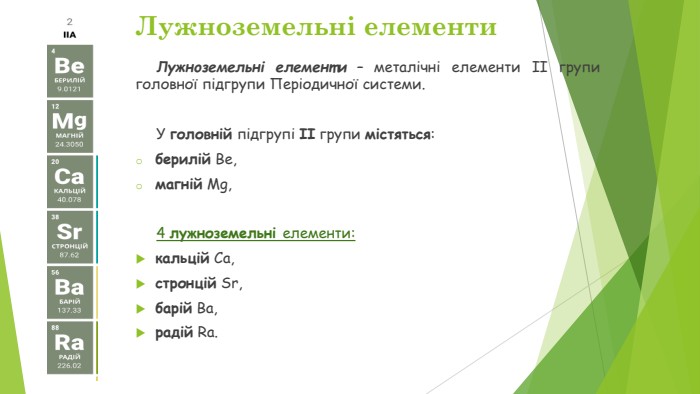 Лужноземельні елементи – металічні елементи ІІ групи головної підгрупи Періодичної системи. У головній підгрупі II групи містяться: берилій Be, магній Mg, 4 лужноземельні елементи: кальцій Ca, стронцій Sr, барій Ba, радій Ra. Лужноземельні елементи