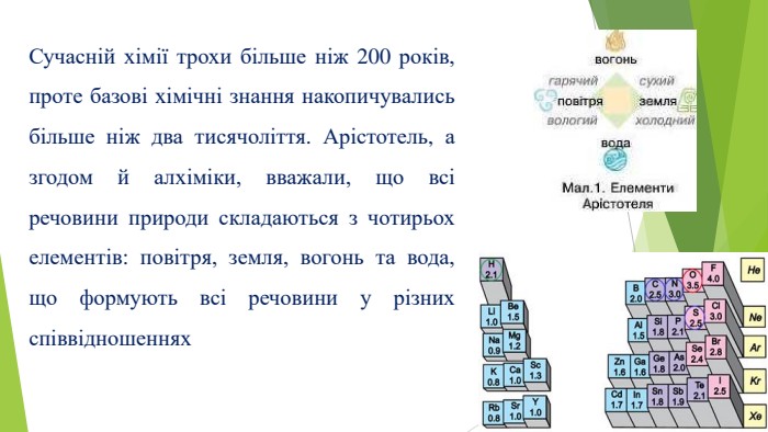 Сучасній хімії трохи більше ніж 200 років, проте базові хімічні знання накопичувались більше ніж два тисячоліття. Арістотель, а згодом й алхіміки, вважали, що всі речовини природи складаються з чотирьох елементів: повітря, земля, вогонь та вода, що формують всі речовини у різних співвідношеннях