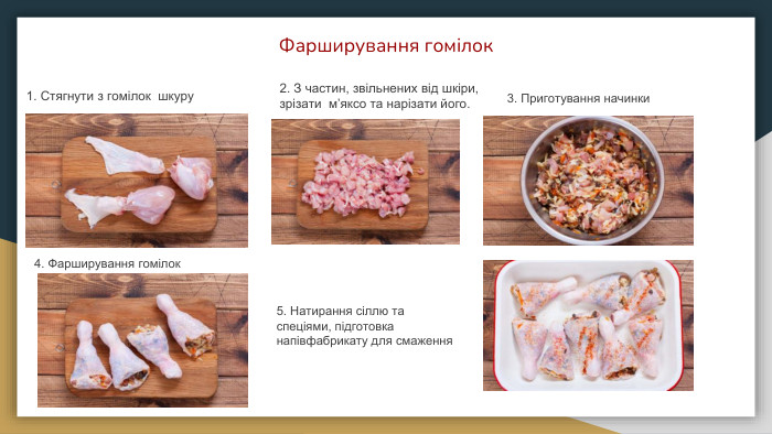 Фарширування гомілок1. Стягнути з гомілок шкуру 2. З частин, звільнених від шкіри, зрізати м’яксо та нарізати його.3. Приготування начинки4. Фарширування гомілок5. Натирання сіллю та спеціями, підготовка напівфабрикату для смаження