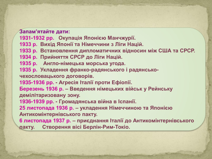 Запам’ятайте дати:1931-1932 рр.  ­ Окупація Японією Манчжурії.1933 р. ­ Вихід Японії та Німеччини з Ліги Націй.1933 р. ­ Встановлення дипломатичних відносин між США та СРСР.1934 р. ­ Прийняття СРСР до Ліги Націй.1935 р.  ­  Англо-німецька морська угода.1935 р. ­ Укладення франко-радянського і радянсько-чехословацького договорів.1935-1936 рр. - Агресія Італії проти Ефіопії. Березень 1936 р. – Введення німецьких військ у Рейнську демілітаризовану зону.1936-1939 рр. - Громадянська війна в Іспанії.25 листопада 1936 р. – укладення Німеччиною та Японією Антикомінтернівського пакту.6 листопада 1937 р. – приєднання Італії до Антикомінтернівського пакту. Створення вісі Берлін-Рим-Токіо.