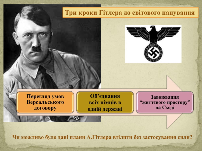 Чи можливо було дані плани А. Гітлера втілити без застосування сили?Три кроки Гітлера до світового панування
