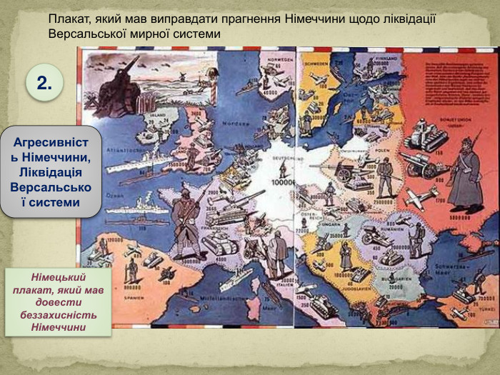 2. Німецький плакат, який мав довести беззахисність Німеччини. Агресивність Німеччини, Ліквідація Версальської системи. Плакат, який мав виправдати прагнення Німеччини щодо ліквідації Версальської мирної системи 