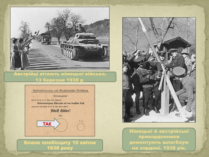 Бланк плебісциту 10 квітня 1938 року. Німецькі й австрійські прикордонники демонтують шлагбаум на кордоні. 1938 рік. Австрійці вітають німецькі війська. 13 березня 1938 р. ТАК