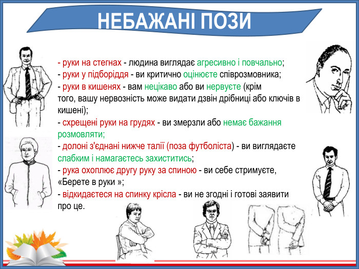 - руки на стегнах - людина виглядає агресивно і повчально;- руки у підборіддя - ви критично оцінюєте співрозмовника;- руки в кишенях - вам нецікаво або ви нервуєте (крімтого, вашу нервозність може видати дзвін дрібниці або ключів в кишені);- схрещені руки на грудях - ви змерзли або немає бажання розмовляти;- долоні з'єднані нижче талії (поза футболіста) - ви виглядаєтеслабким і намагаєтесь захиститись;- рука охоплює другу руку за спиною - ви себе стримуєте,«Берете в руки »; - відкидаєтеся на спинку крісла - ви не згодні і готові заявитипро це. НЕБАЖАНІ ПОЗИ