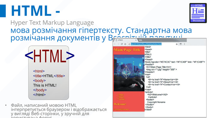 HTML -Hyper Text Markup Languageмова розмічання гіпертексту. Стандартна мова розмічання документів у Всесвітній павутині. Файл, написаний мовою HTML інтерпретується браузером і відображається у вигляді Веб-сторінки, у зручній для користувача формі.