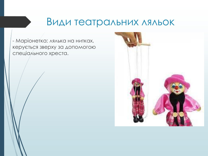 Види театральних ляльок- Маріонетка: лялька на нитках, керується зверху за допомогою спеціального хреста.