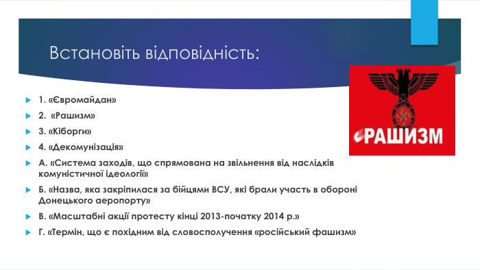 Встановіть відповідність:1. «Євромайдан»2. «Рашизм»3. «Кіборги»4. «Декомунізація»А. «Система заходів, що спрямована на звільнення від наслідків комуністичної ідеології»Б. «Назва, яка закріпилася за бійцями ВСУ, які брали участь в обороні Донецького аеропорту»В. «Масштабні акції протесту кінці 2013-початку 2014 р.»Г. «Термін, що є похідним від словосполучення «російський фашизм»