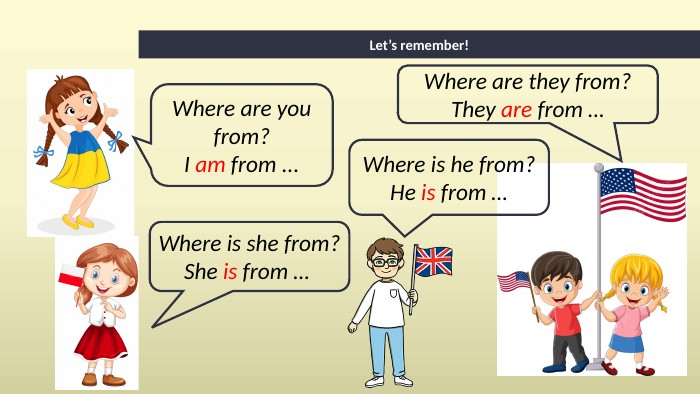 Let’s remember!Where are you from?I am from ... Where is she from?She is from … Where is he from?He is from …Where are they from?They are from …