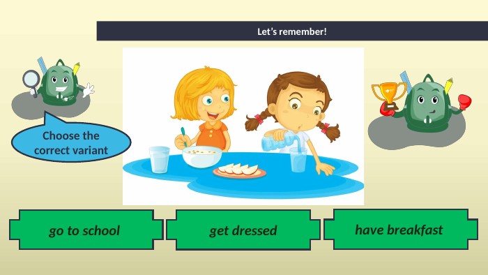 go to school Let’s remember!get dressedhave breakfast Choose the correct variant