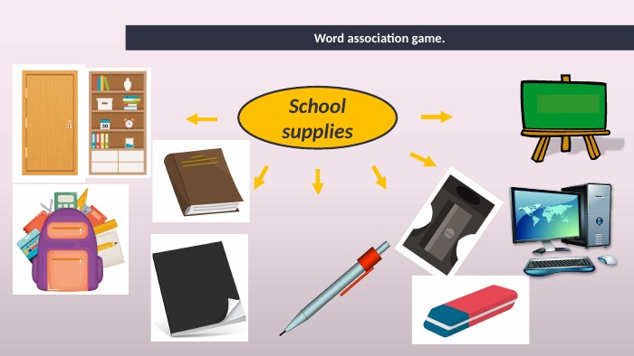 Word association game. School supplies
