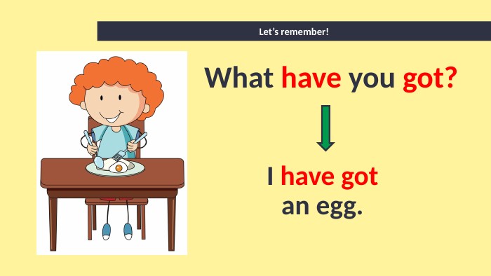 Let’s remember!What have you got?I have got an egg. 