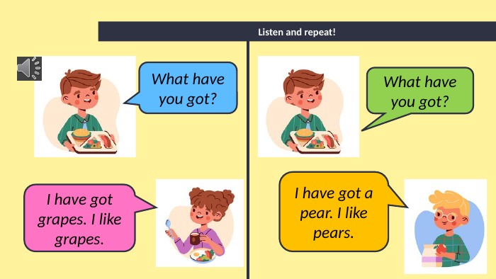 Listen and repeat!What have you got?What have you got?I have got grapes. I like grapes. I have got a pear. I like pears.