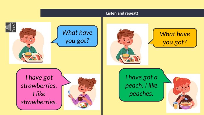 Listen and repeat!What have you got?What have you got?I have got strawberries. I like strawberries. I have got a peach. I like peaches.